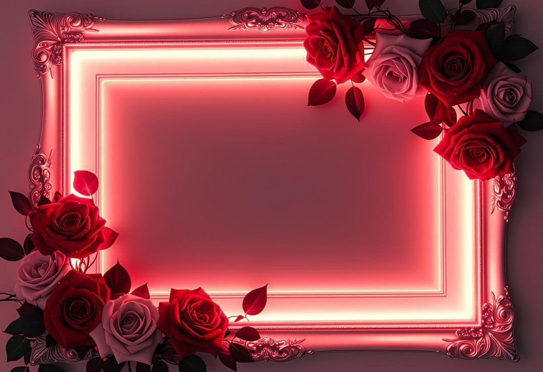 Decorative frame with red and pink roses on a dark background